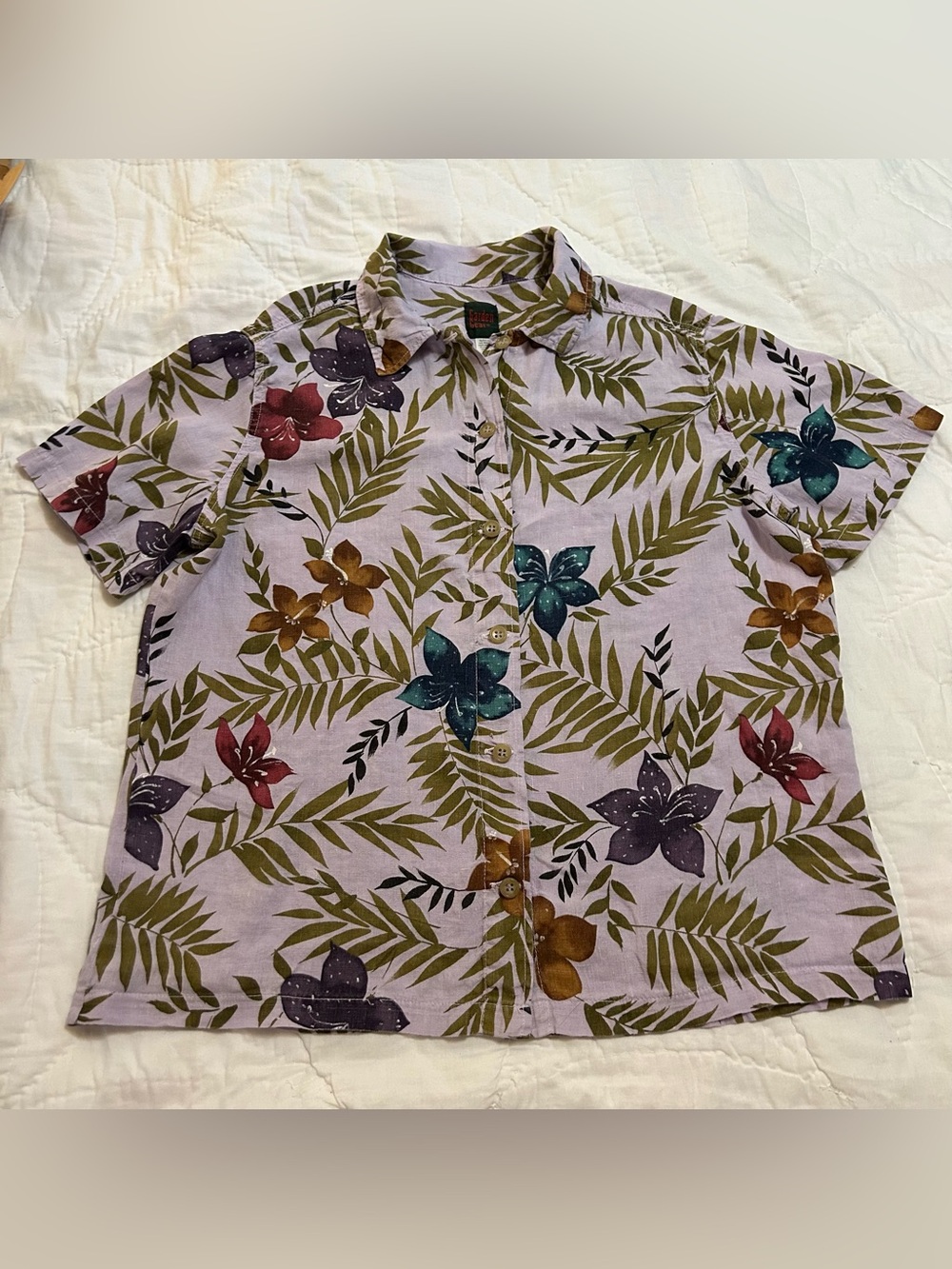 VTG 90s 100% Linen Button Down Shirt Womens M Purple Floral Coastal Aunt Boxy